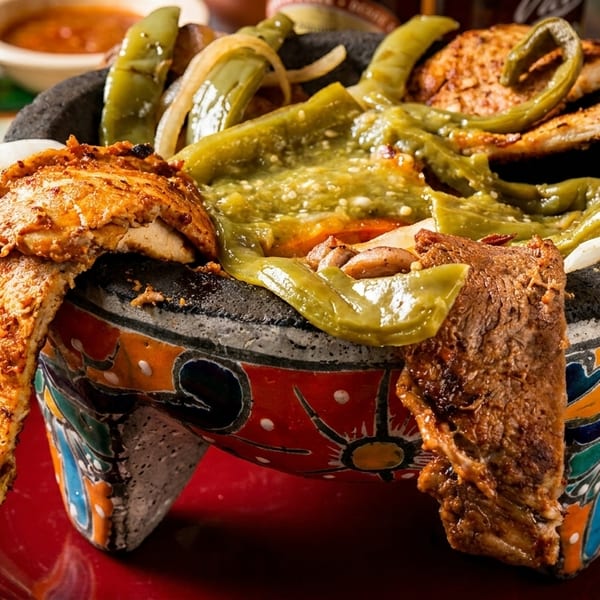 A colorful molcajete filled with grilled meats, green peppers, and onions, served with lime.
