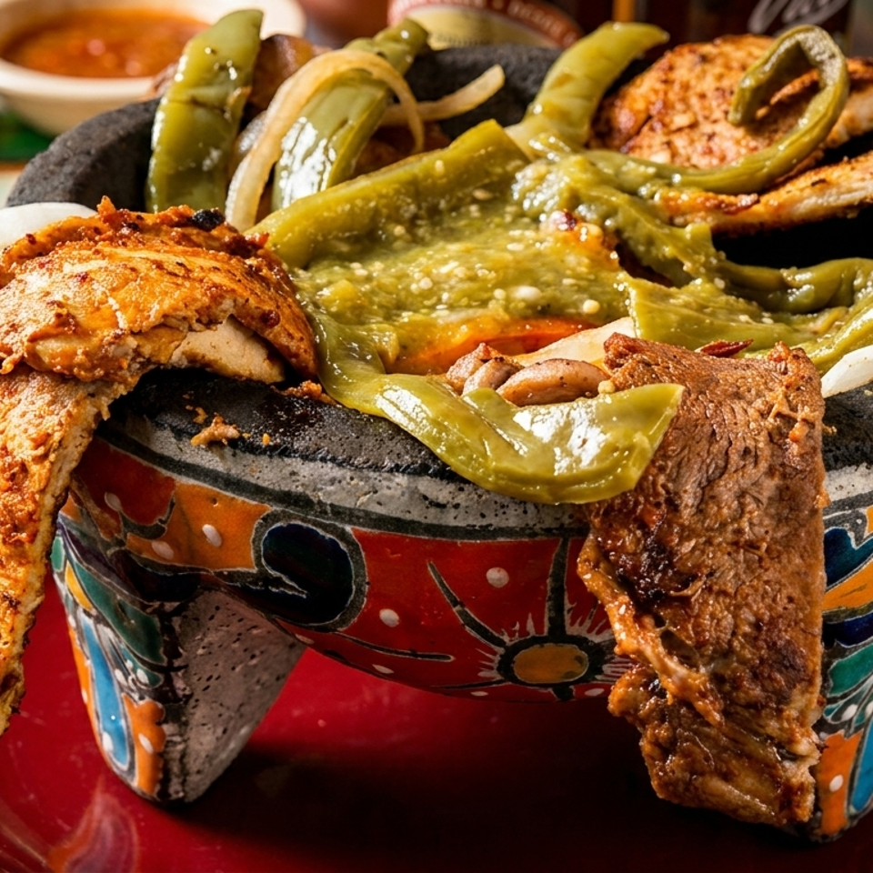 A colorful molcajete filled with grilled meats, green peppers, and onions, served with lime.