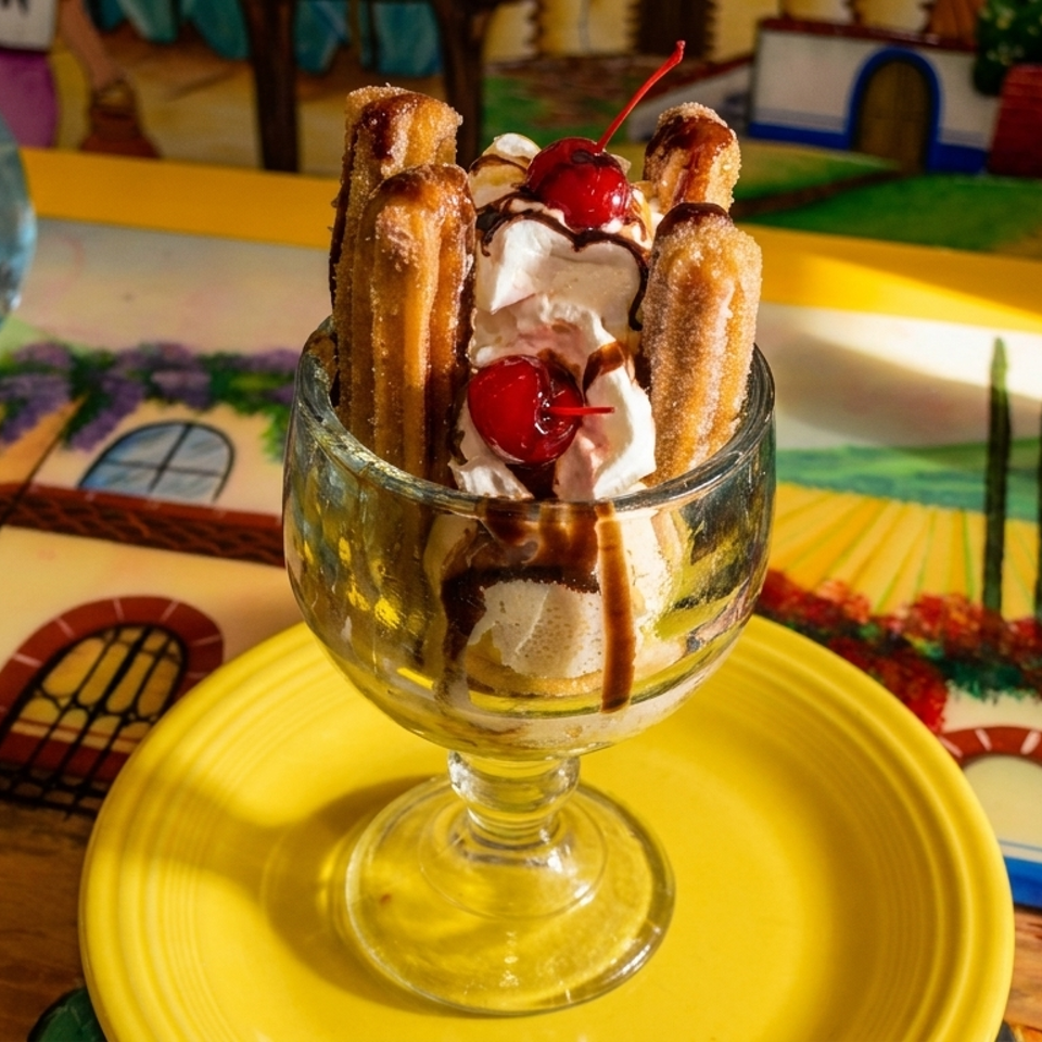 Churro sundae with whipped cream, chocolate syrup, and cherries on a yellow plate with a tequila bottle.