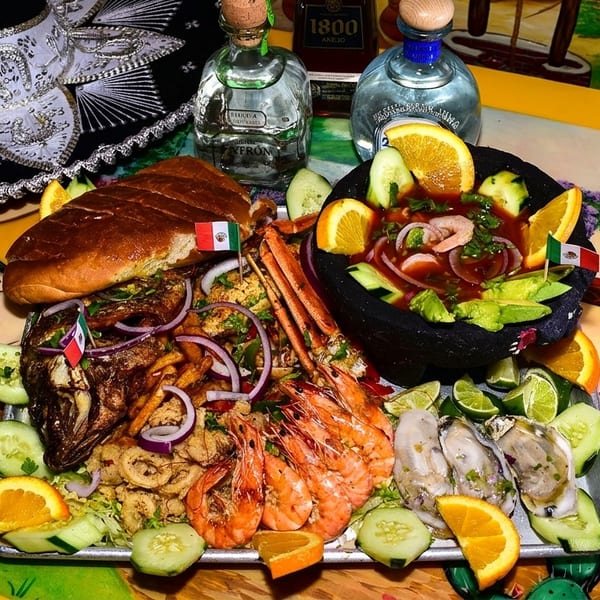 A large platter of Mexican seafood, including shrimp, oysters, fish, and ceviche, with tequila bottles and a sombrero.